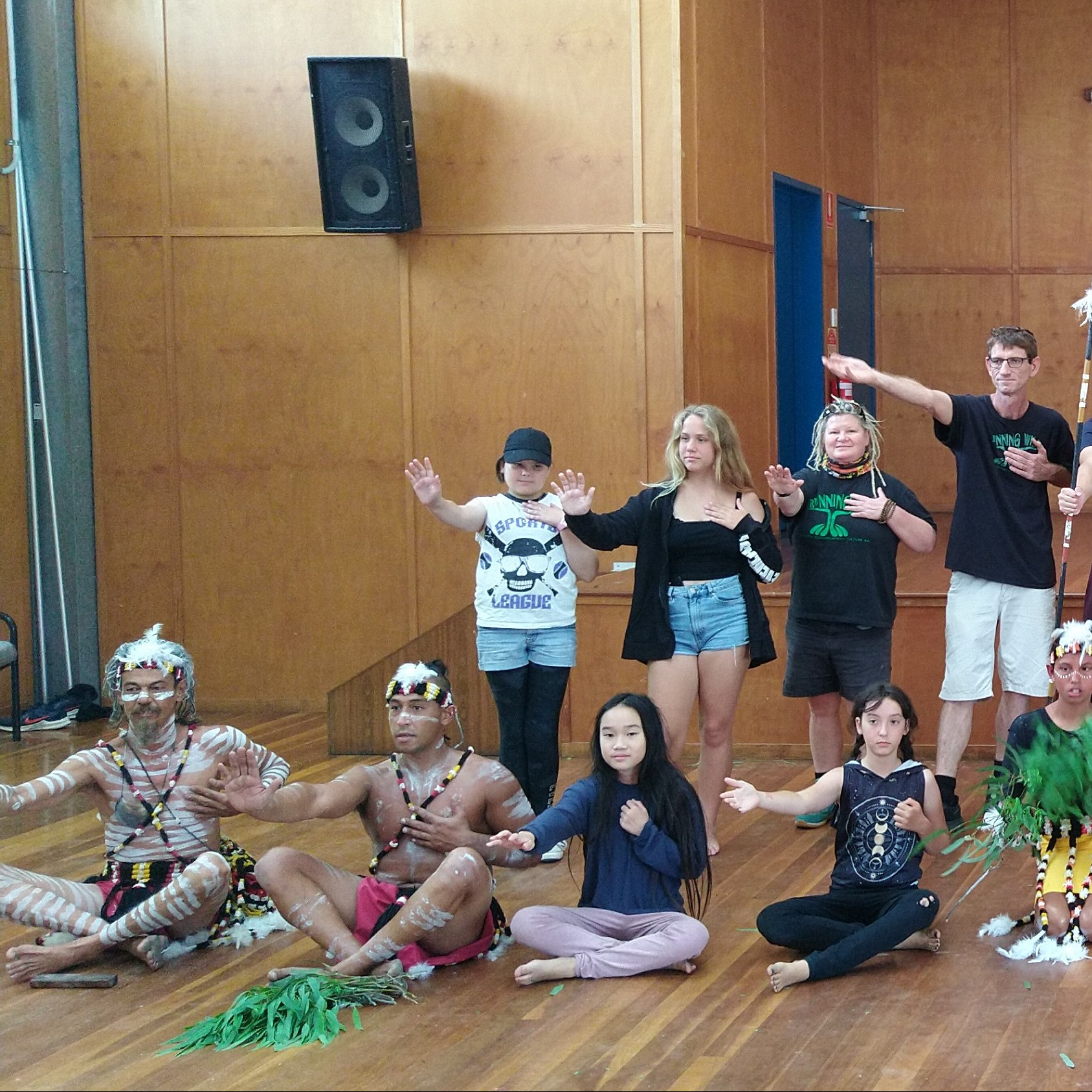 Island Survivors rehearsing The Curlew Wars with Josh Walker and the Yulu burri ba Dancers